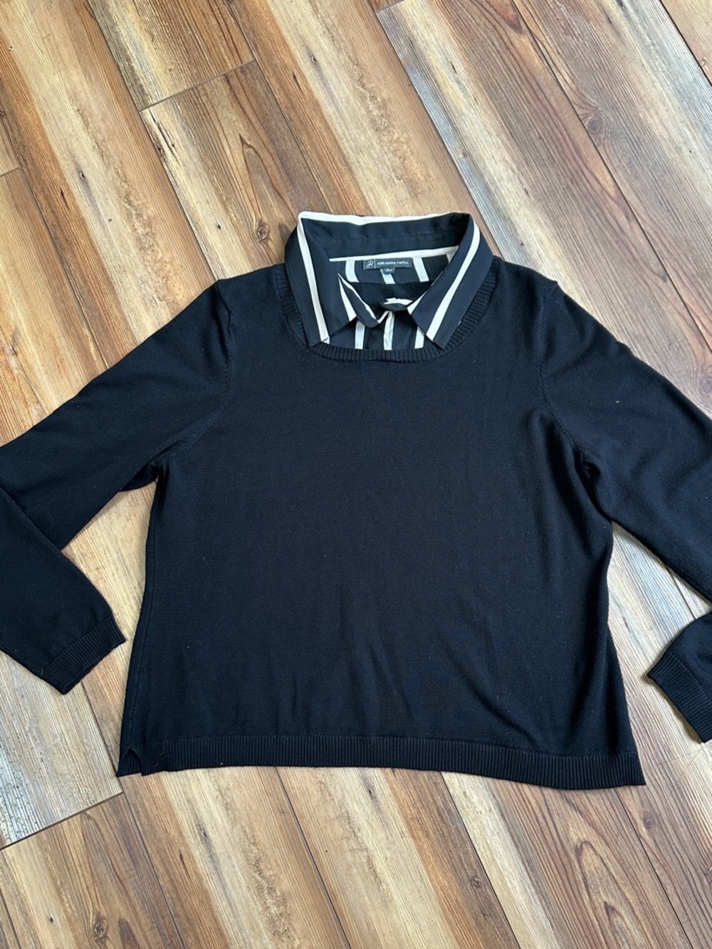 Adrianna Papell Black Crewneck Sweater with Striped Attached Collar